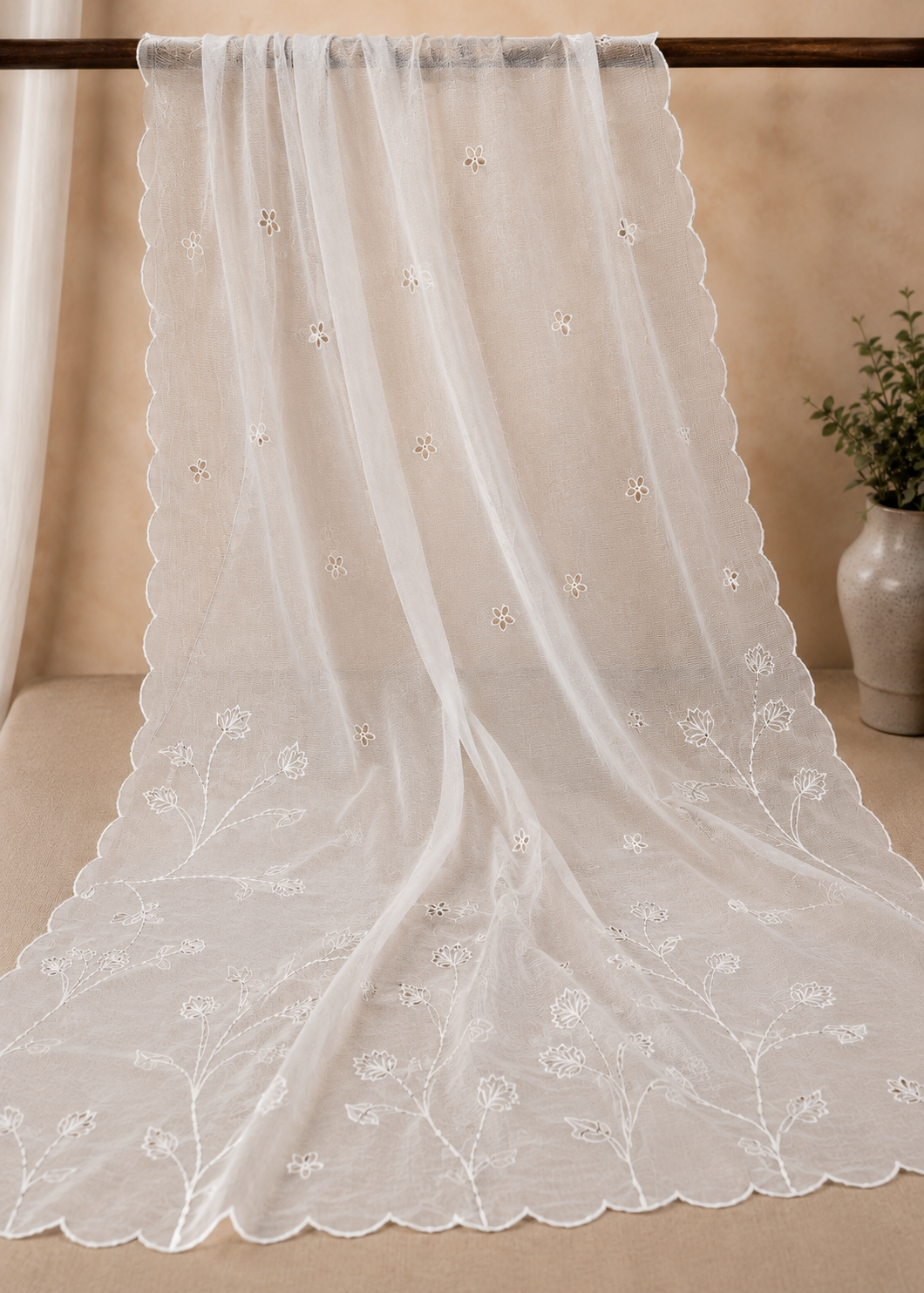 White Dyeable Khaddi Net Embroidered Dupatta with Cutwork Design – 2.75 Yards - Image 4