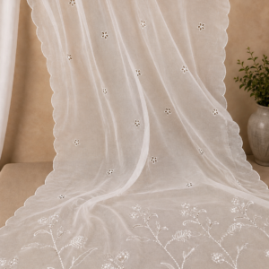 White Dyeable Khaddi Net Embroidered Dupatta with Cutwork Design – 2.75 Yards