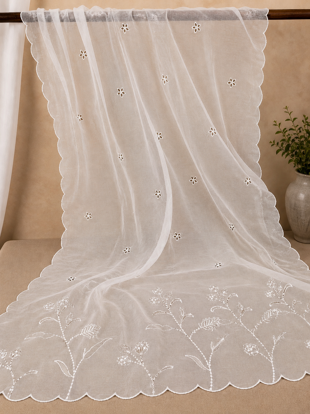 White Dyeable Khaddi Net Embroidered Dupatta with Cutwork Design – 2.75 Yards