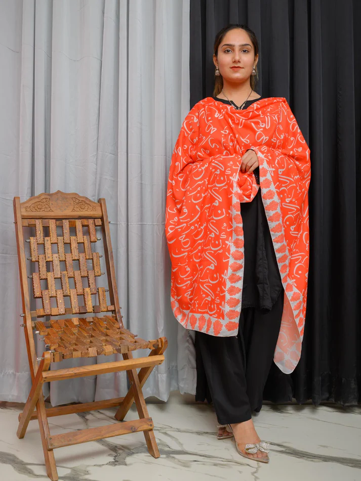 Be Qaida Orange Calligraphy Dupatta