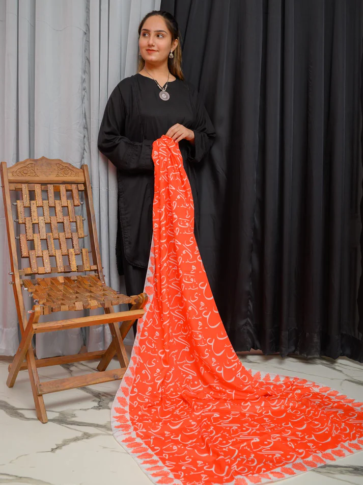 Be Qaida Orange Calligraphy Dupatta - Image 2