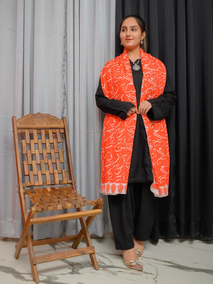 Be Qaida Orange Calligraphy Dupatta - Image 3